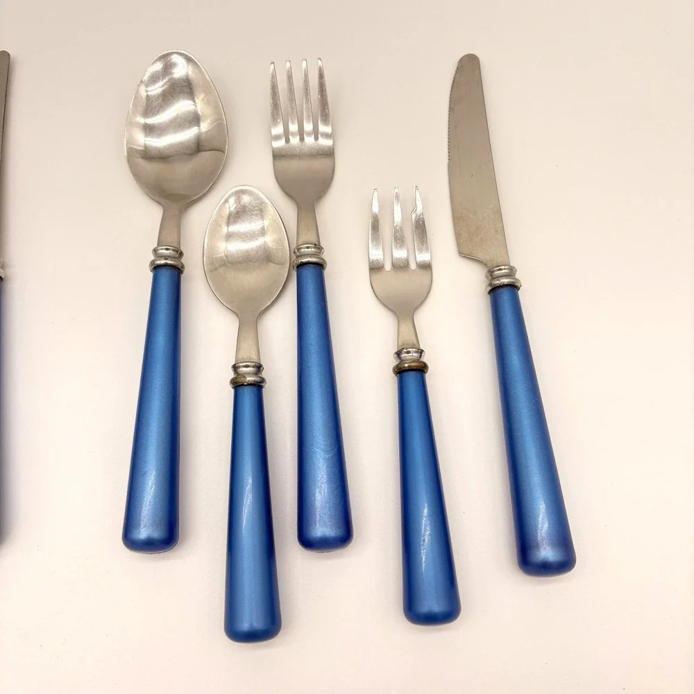 Vintage Cobalt Blue Handle Flatware 2 Place Settings 10 Pc Silverware Set